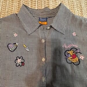 VTG Disney Winnie the Pooh Woman Gingham Embroidered Button Down Shirt Womens XL
